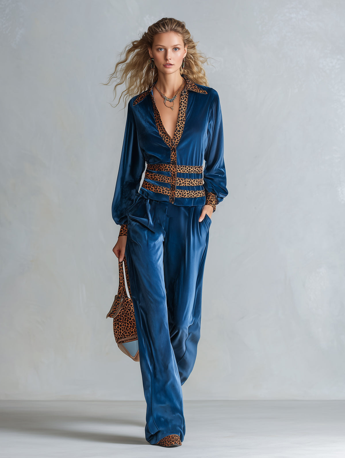 Elegant Blue Leopard-Print Button-Down Shirt And Wide-Leg Trousers Velvet Set