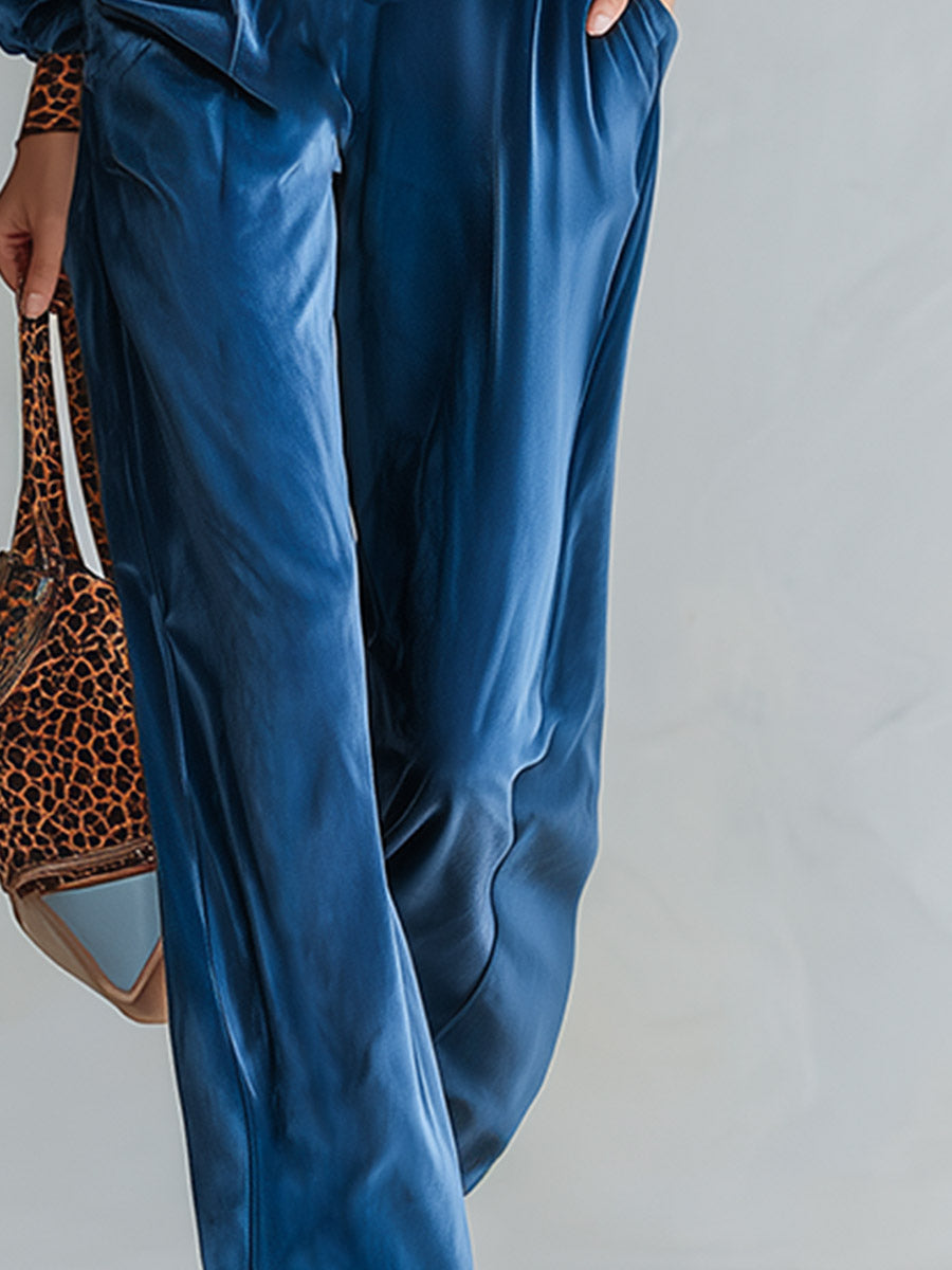 Elegant Blue Leopard-Print Button-Down Shirt And Wide-Leg Trousers Velvet Set