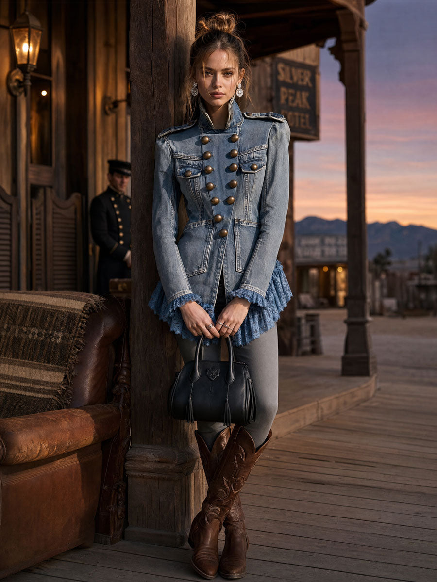 Western Vintage Military Style Lace Ruffled Faded Denim Jacket