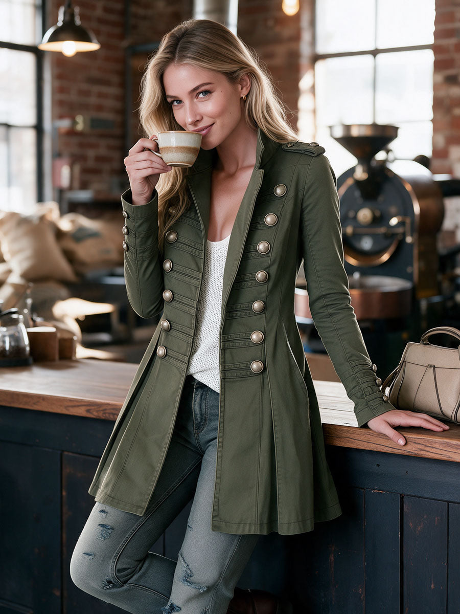 Vintage Military Officer Silver Double-breasted Green Pocket Slim-fit Coat