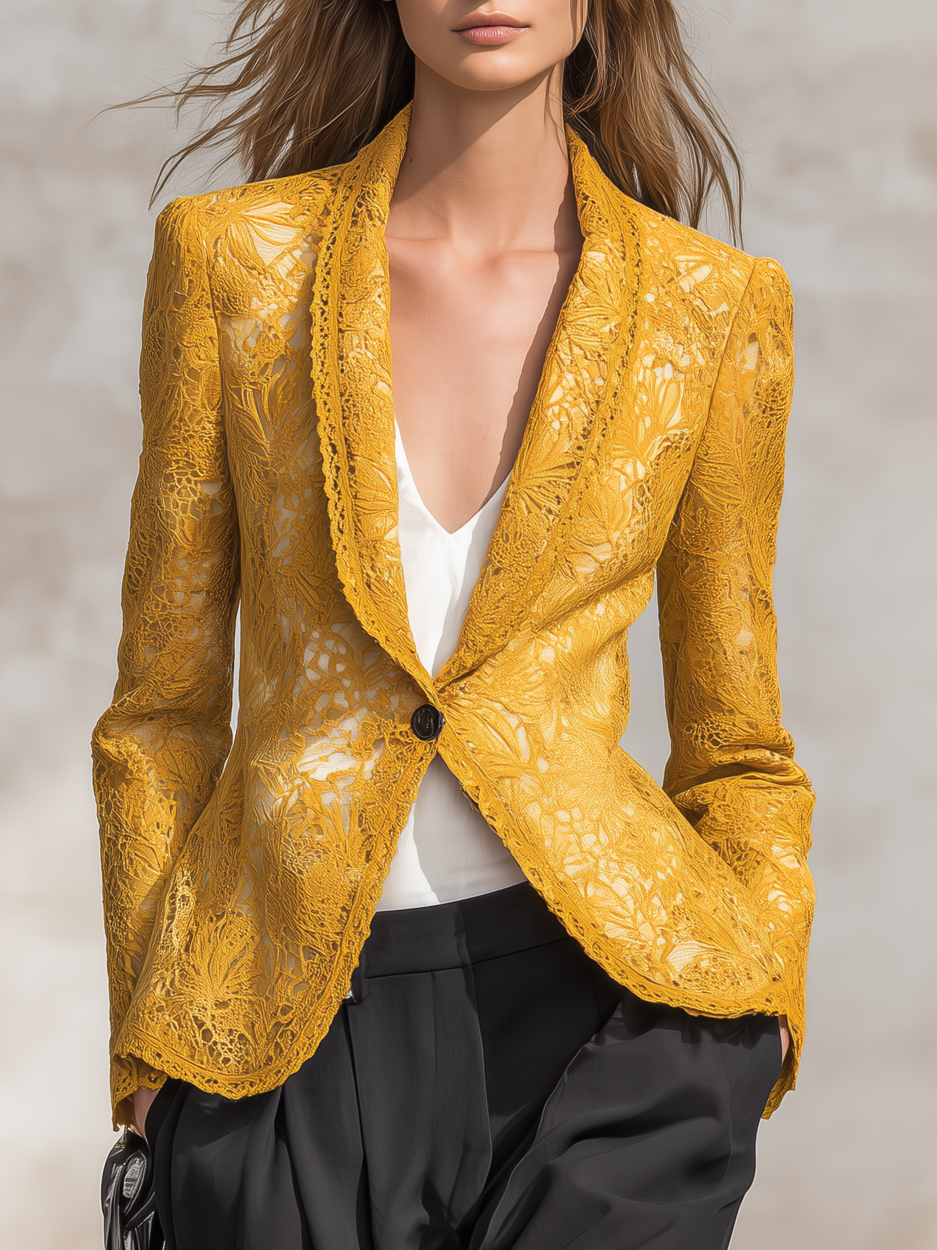Vintage-style Casual-elegant Blazer With A Small Lace Lapel