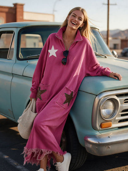 Casual Retro Tassel Star Embellished Rose Red Stand Collar Washed Cotton Maxi Dress
