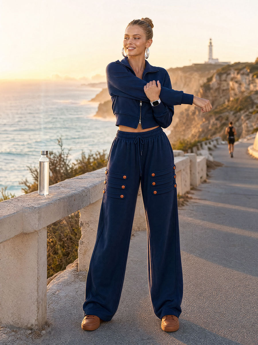 Fashionable Military-style Navy Blue Zip-up Hoodie And Button-loop Pants Set