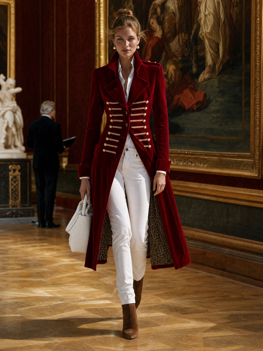 Stylish Retro Military-style Leopard Print Lining Red Velvet Gold Button Loop Coat