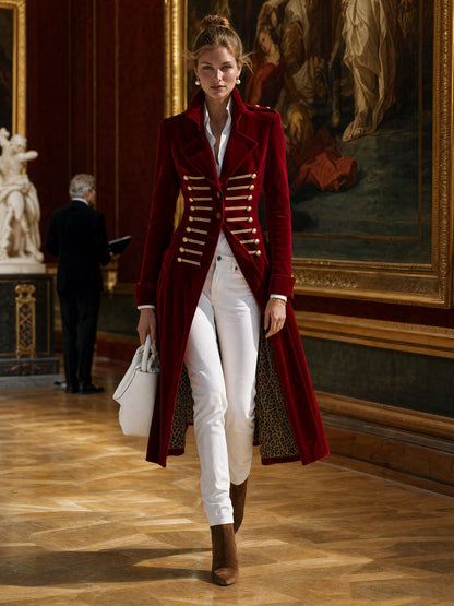 Stylish Retro Military-style Leopard Print Lining Red Velvet Gold Button Loop Coat