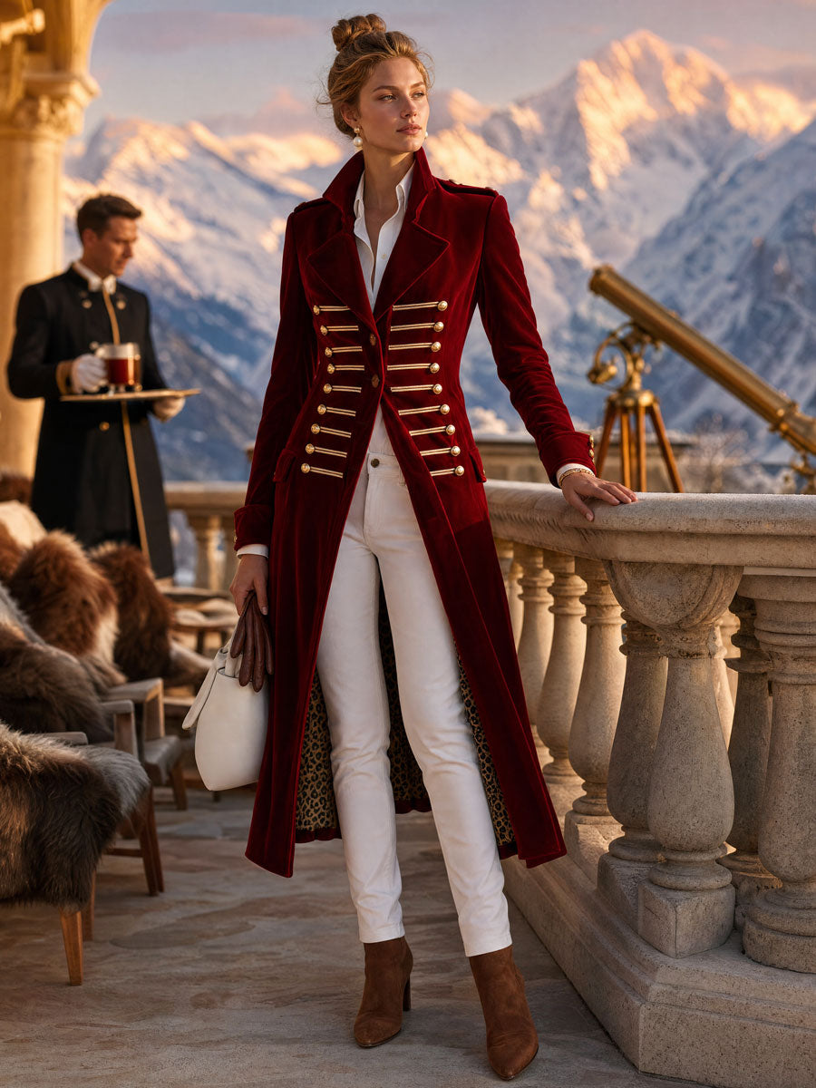 Stylish Retro Military-style Leopard Print Lining Red Velvet Gold Button Loop Coat
