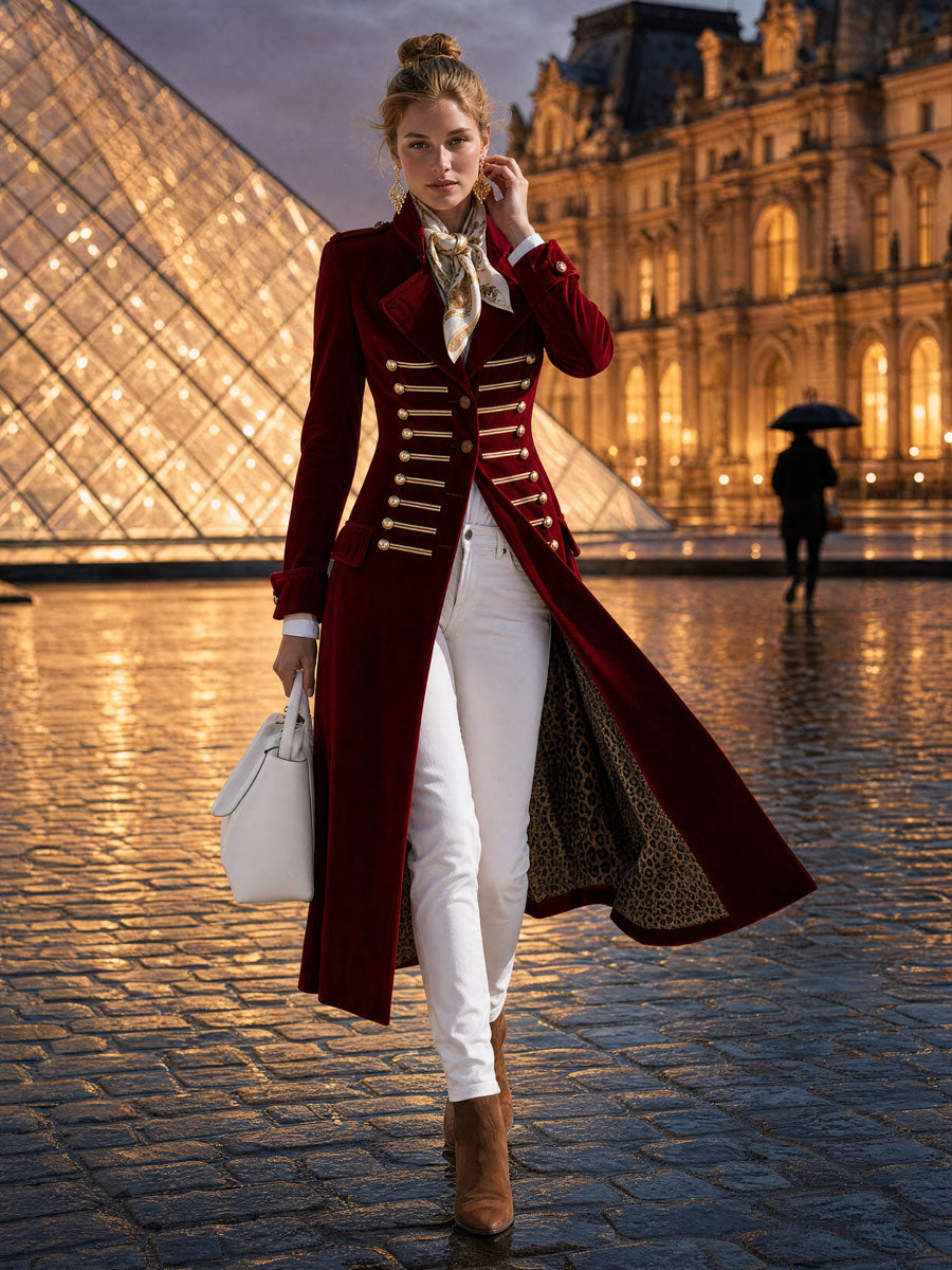 Stylish Retro Military-style Leopard Print Lining Red Velvet Gold Button Loop Coat