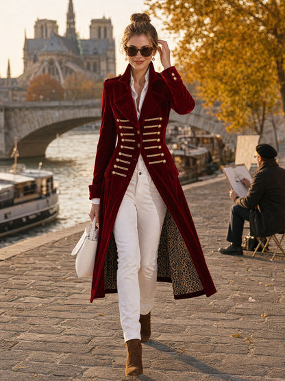 Stylish Retro Military-style Leopard Print Lining Red Velvet Gold Button Loop Coat