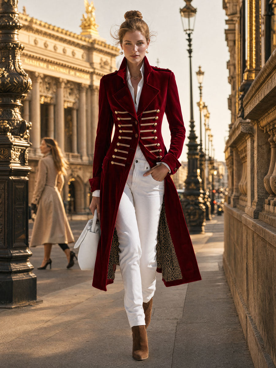 Stylish Retro Military-style Leopard Print Lining Red Velvet Gold Button Loop Coat