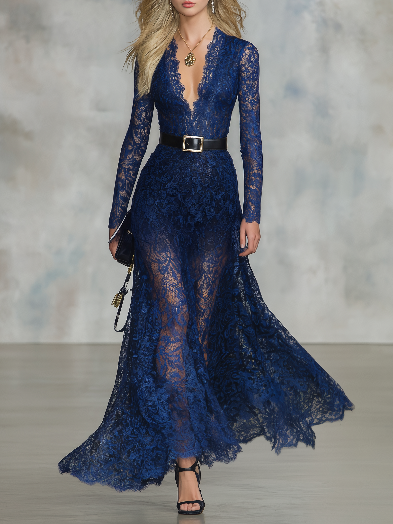 Vintage-style Elegant Casual Blue Lace Maxi Dress
