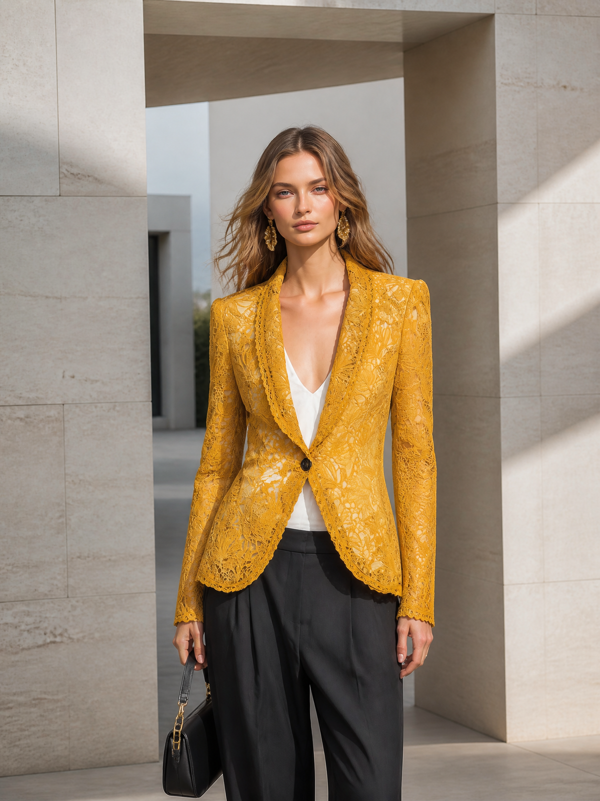 Vintage-style Casual-elegant Blazer With A Small Lace Lapel