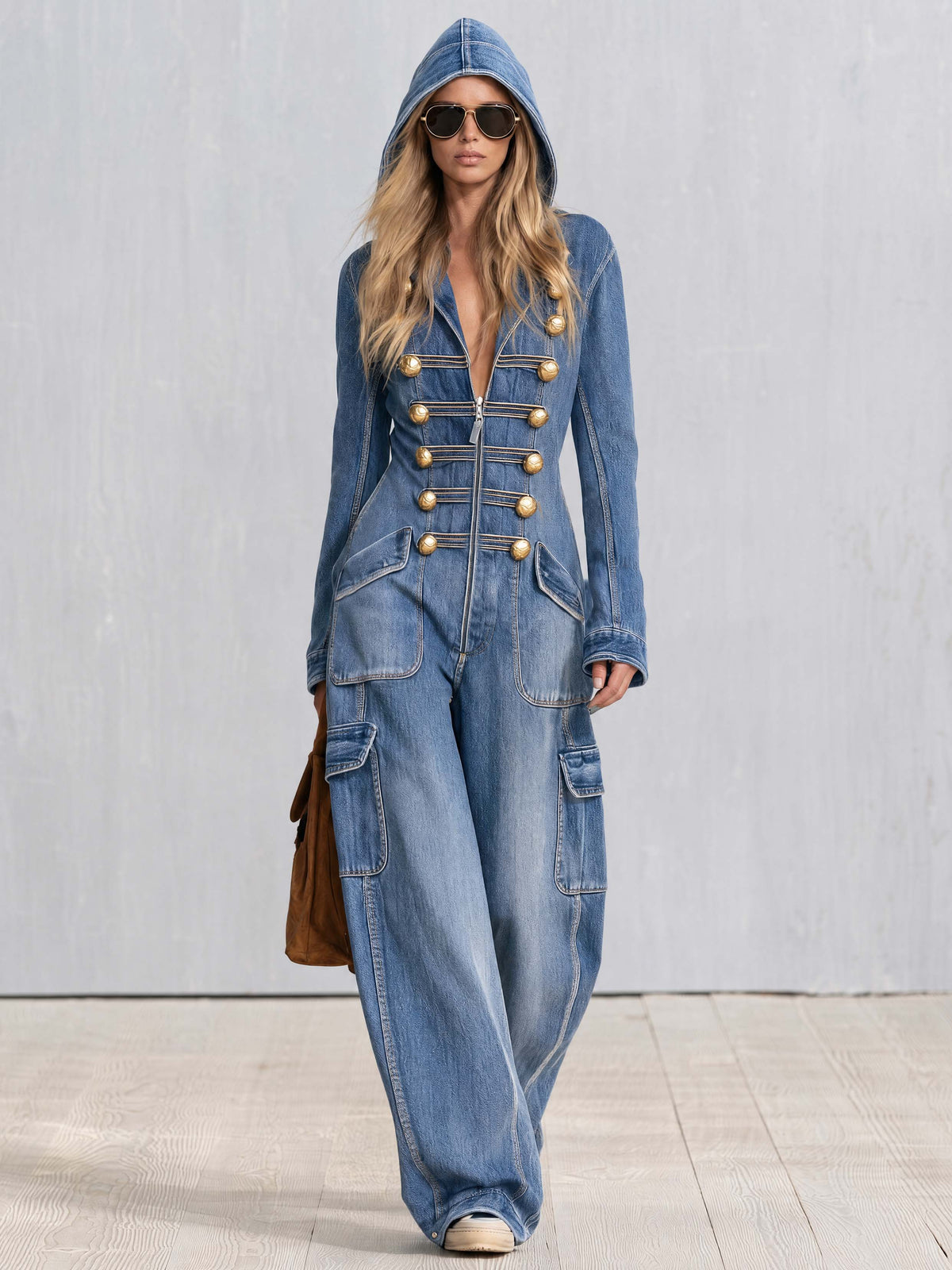 Vintage Military Washed Denim Jumpsuit Women Gold Button Hooded Wide Leg Cargo