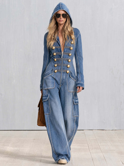Vintage Military Washed Denim Jumpsuit Women Gold Button Hooded Wide Leg Cargo