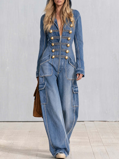 Vintage Military Washed Denim Jumpsuit Women Gold Button Hooded Wide Leg Cargo