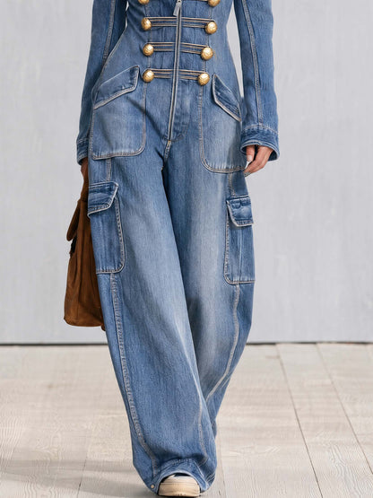 Vintage Military Washed Denim Jumpsuit Women Gold Button Hooded Wide Leg Cargo