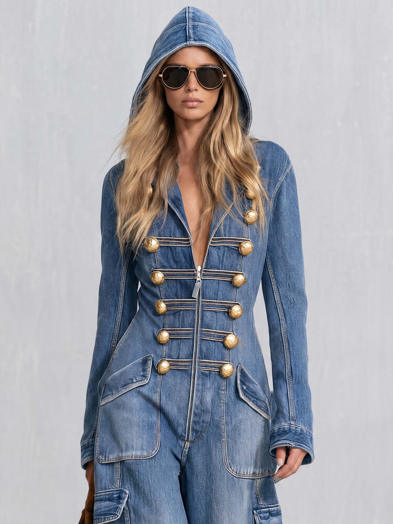 Vintage Military Washed Denim Jumpsuit Women Gold Button Hooded Wide Leg Cargo