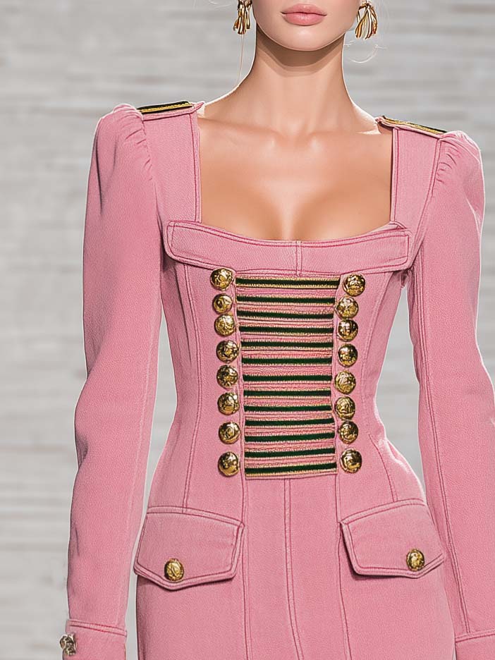 Vintage Military Pink Denim Mini Dress Gold Button Braid Trim Long Sleeve