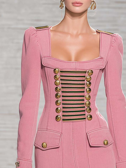 Vintage Military Pink Denim Mini Dress Gold Button Braid Trim Long Sleeve