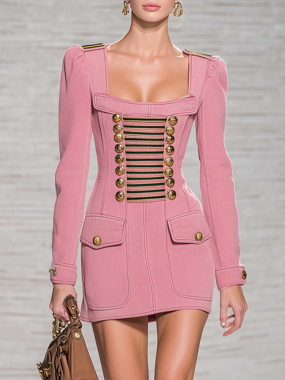 Vintage Military Pink Denim Mini Dress Gold Button Braid Trim Long Sleeve