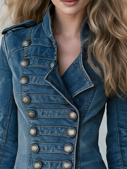 Vintage Officer Silver Double-breasted Blue Pocket Slim-fit Denim Jacket