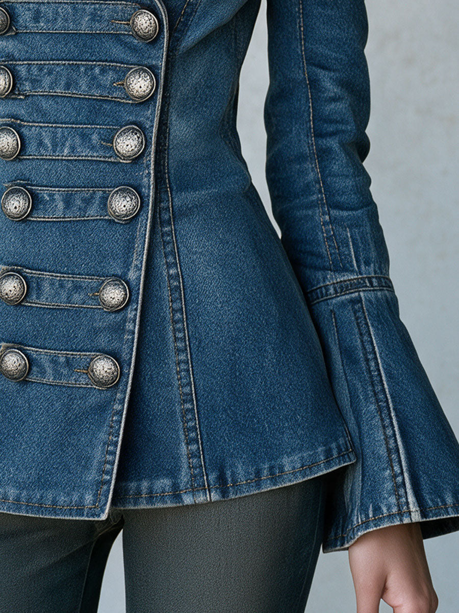Vintage Officer Silver Double-breasted Blue Pocket Slim-fit Denim Jacket