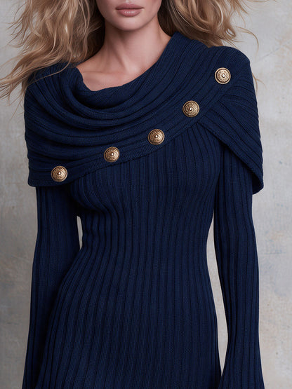 Retro Elegant Navy Draped Collar Gold-button Ribbed Knit Sweater