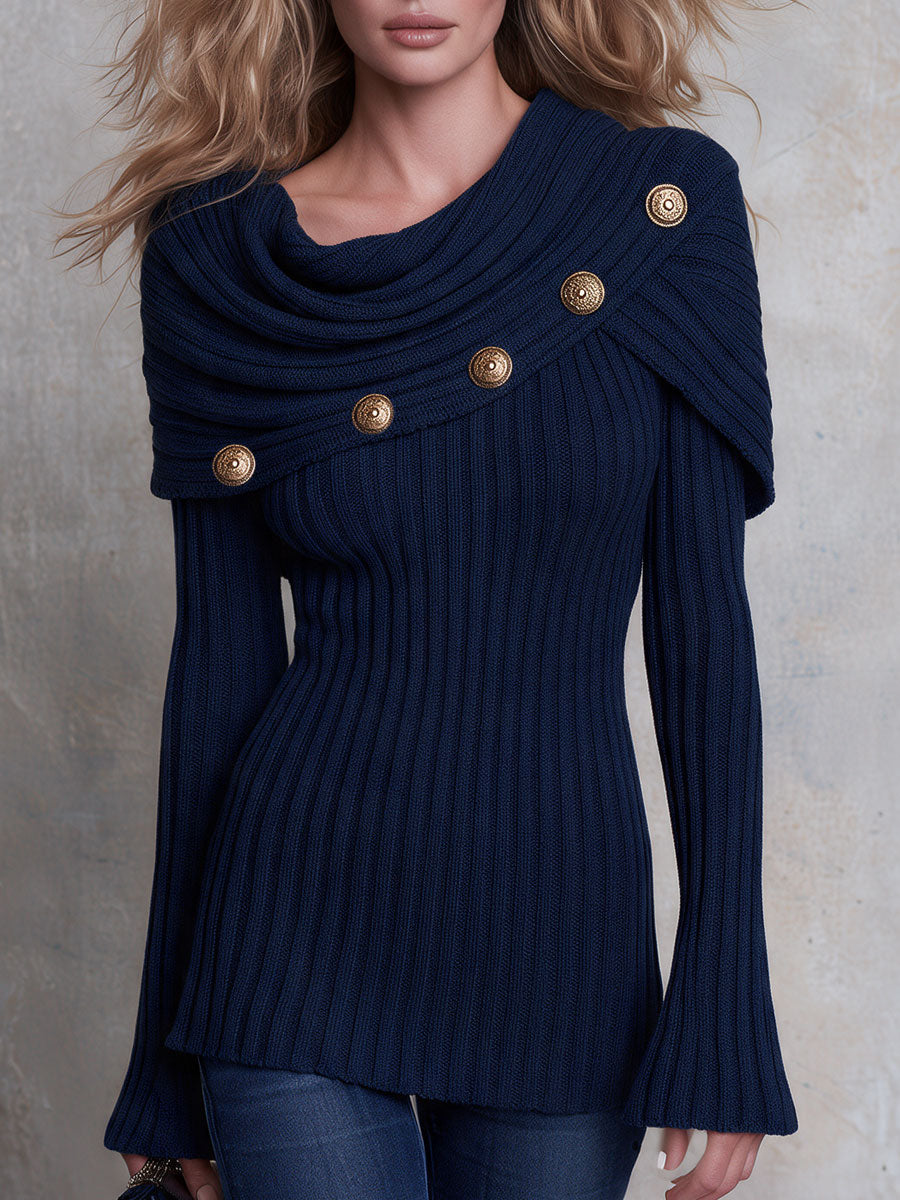 Retro Elegant Navy Draped Collar Gold-button Ribbed Knit Sweater
