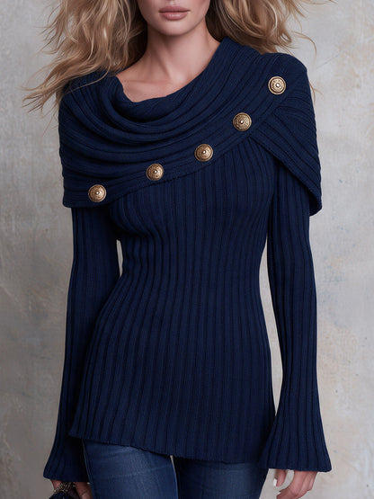 Retro Elegant Navy Draped Collar Gold-button Ribbed Knit Sweater