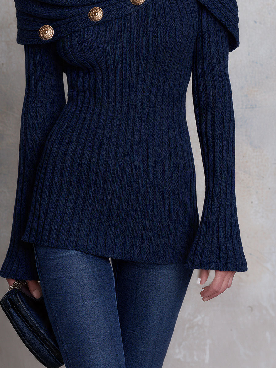 Retro Elegant Navy Draped Collar Gold-button Ribbed Knit Sweater