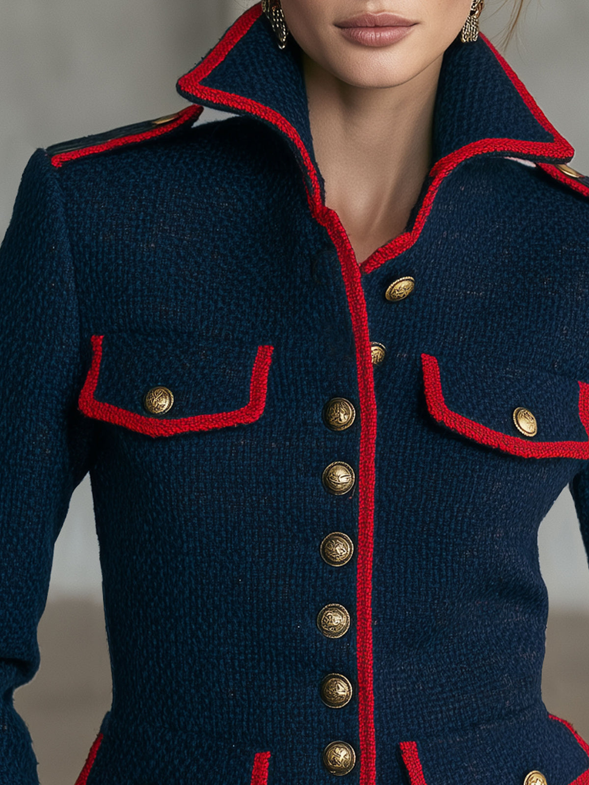 Military Officer Retro Red-trimmed Navy Blue Knitted Cardigan Jacket