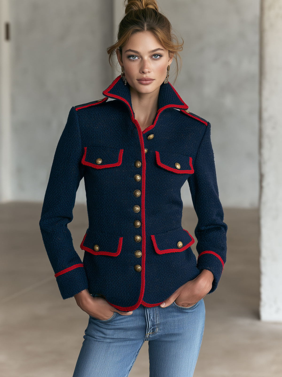 Military Officer Retro Red-trimmed Navy Blue Knitted Cardigan Jacket