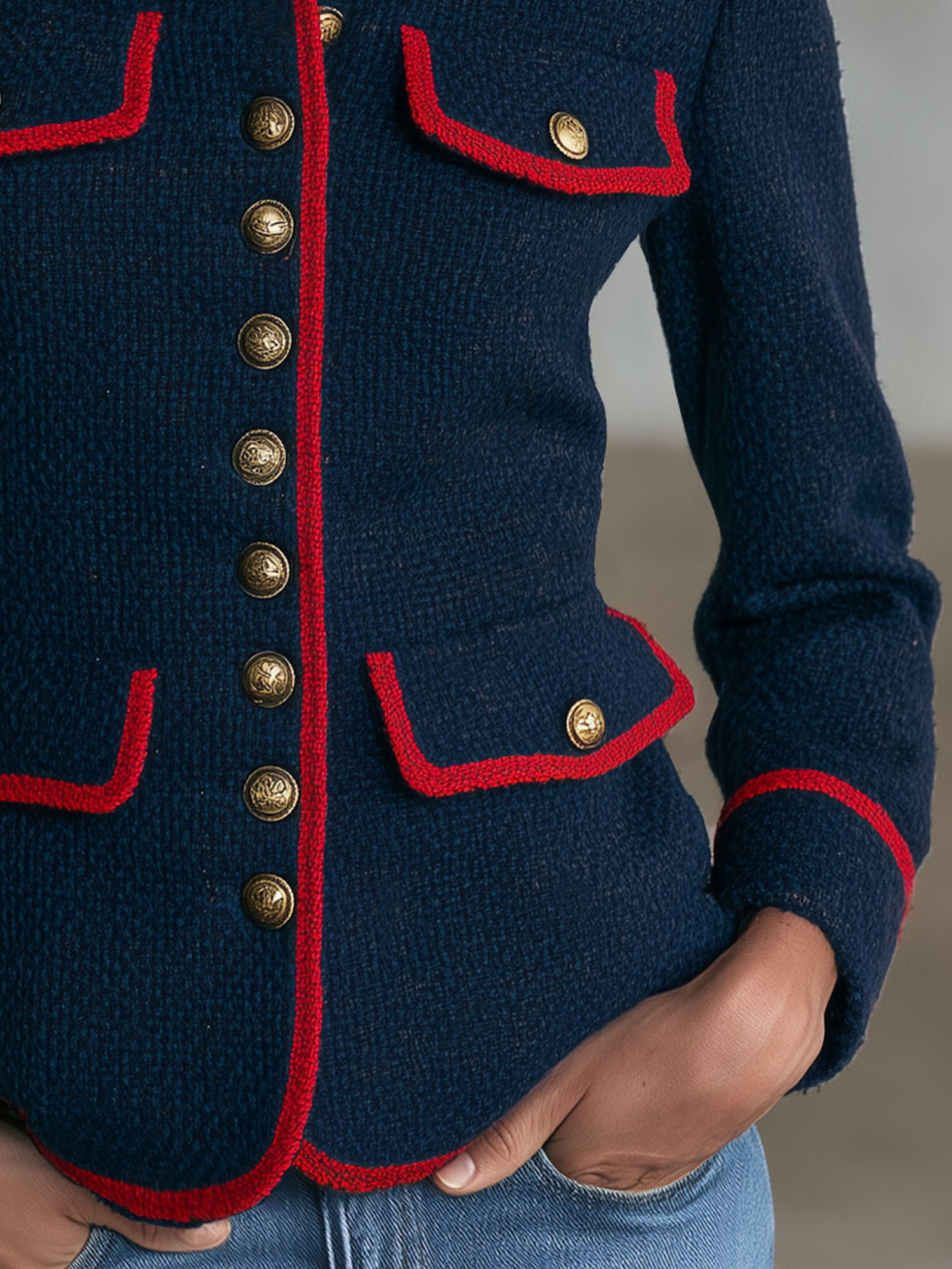 Military Officer Retro Red-trimmed Navy Blue Knitted Cardigan Jacket