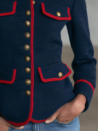 Military Officer Retro Red-trimmed Navy Blue Knitted Cardigan Jacket