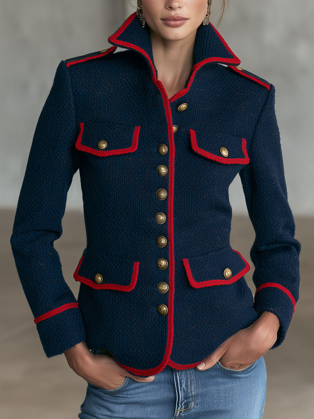 Military Officer Retro Red-trimmed Navy Blue Knitted Cardigan Jacket