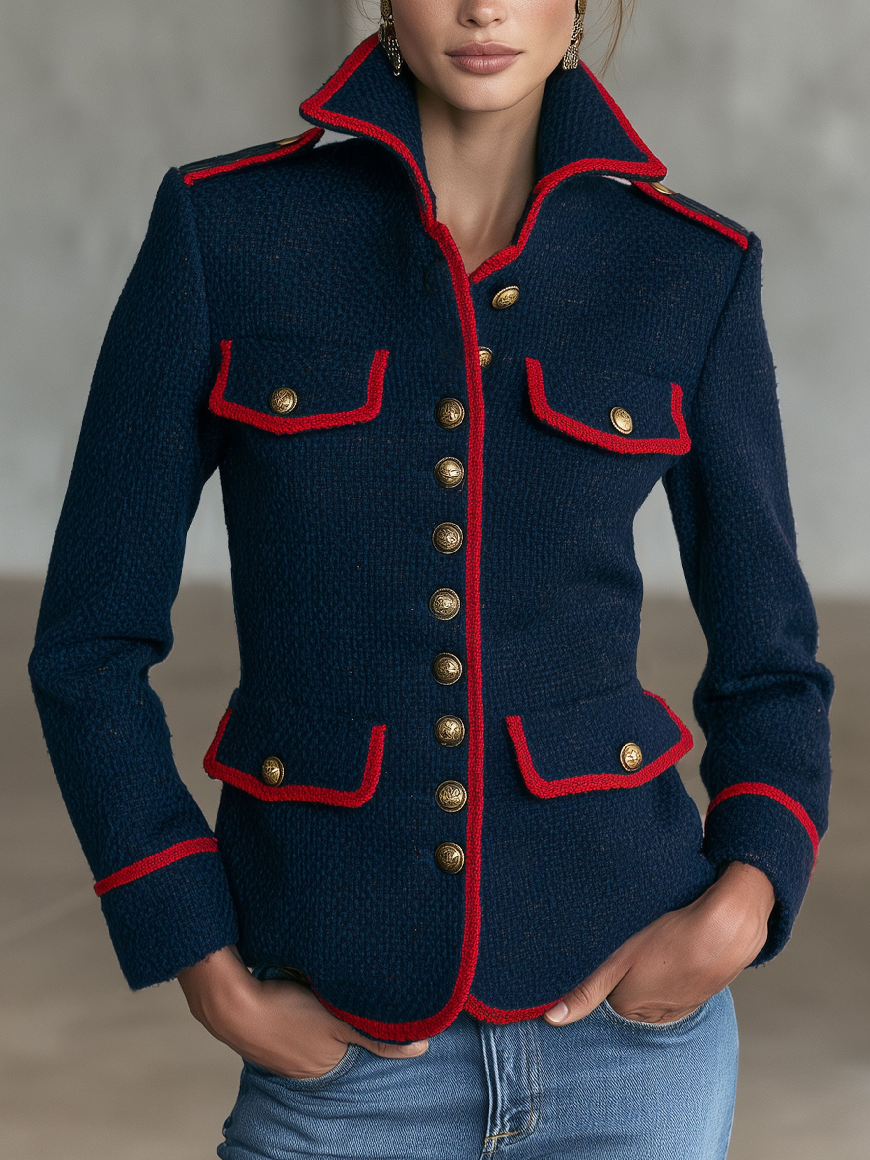 Military Officer Retro Red-trimmed Navy Blue Knitted Cardigan Jacket