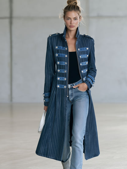 Military Officer Retro Zipper Metal Button Striped Denim Slim Fit Long Coat