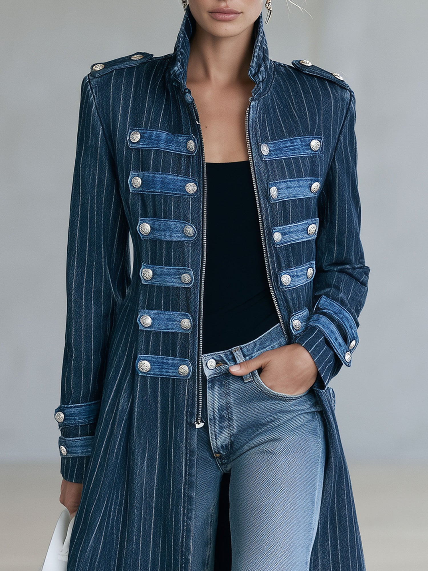 Military Officer Retro Zipper Metal Button Striped Denim Slim Fit Long Coat