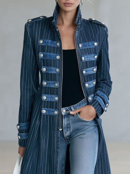 Military Officer Retro Zipper Metal Button Striped Denim Slim Fit Long Coat
