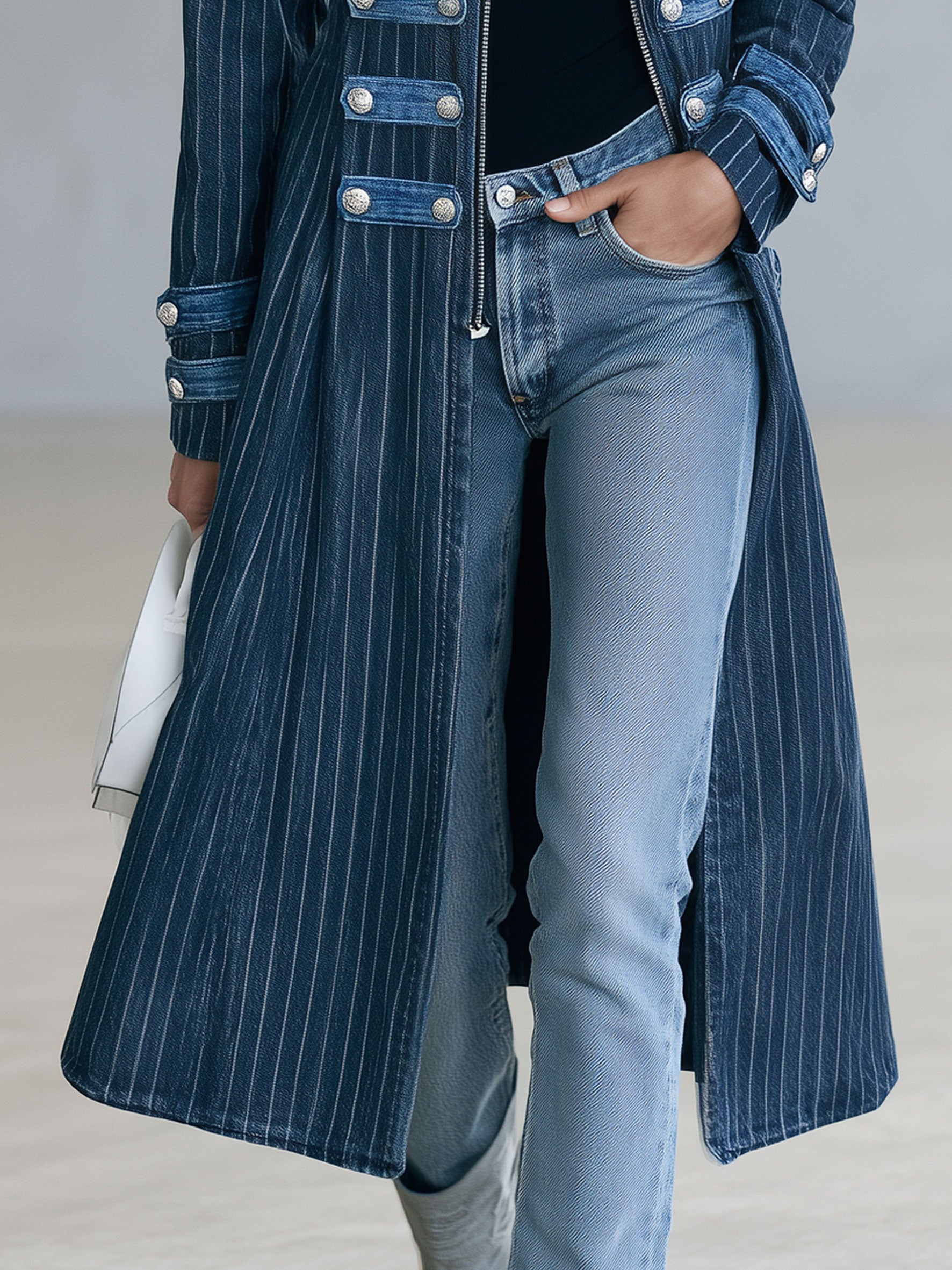 Military Officer Retro Zipper Metal Button Striped Denim Slim Fit Long Coat