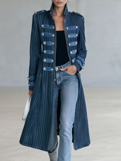 Military Officer Retro Zipper Metal Button Striped Denim Slim Fit Long Coat