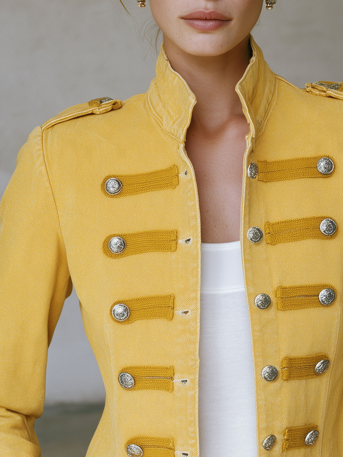 Vintage Military-style Faded Yellow Denim Jacket