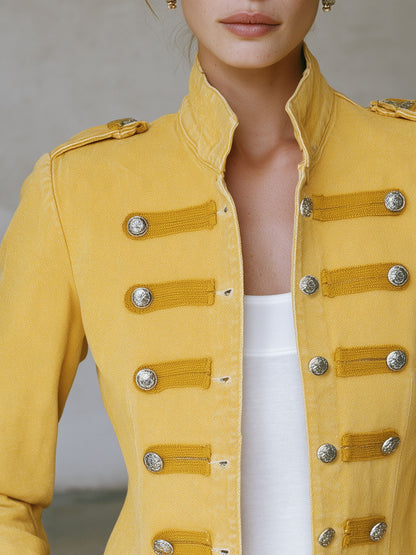 Vintage Military-style Faded Yellow Denim Jacket