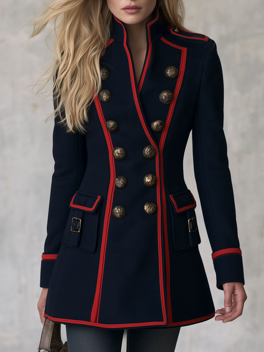 Retro Formal Navy Blue Color-blocked Trim Coat