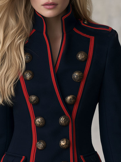 Retro Formal Navy Blue Color-blocked Trim Coat