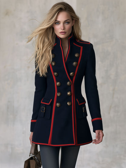 Retro Formal Navy Blue Color-blocked Trim Coat