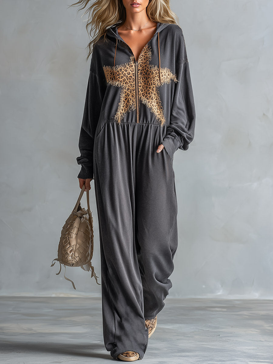Stylish Casual Leopard &amp; Star Patch Grey Cotton Hooded Jumpsuit