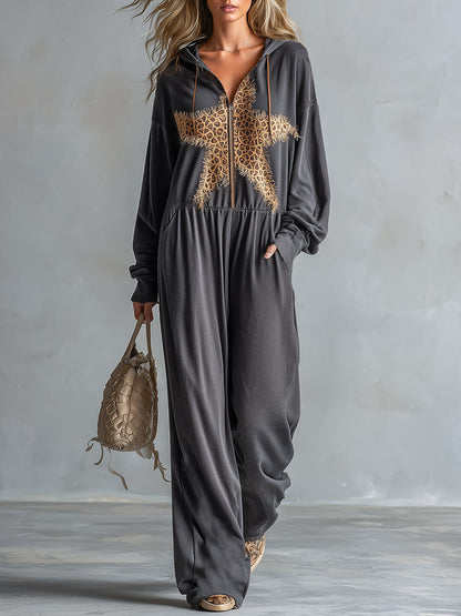 Stylish Casual Leopard &amp; Star Patch Grey Cotton Hooded Jumpsuit