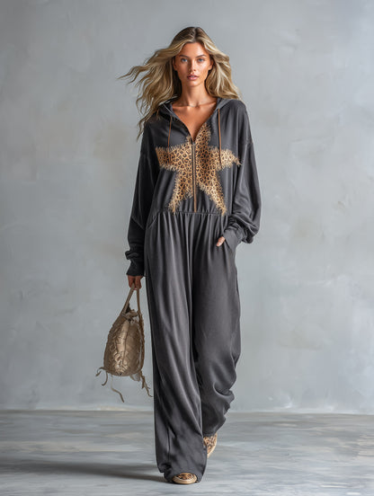 Stylish Casual Leopard &amp; Star Patch Grey Cotton Hooded Jumpsuit