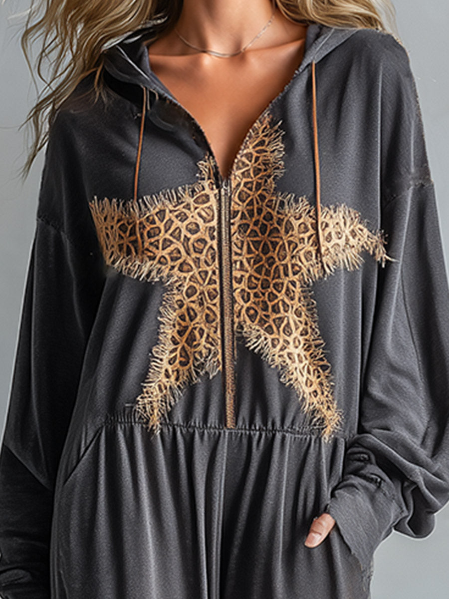 Stylish Casual Leopard &amp; Star Patch Grey Cotton Hooded Jumpsuit