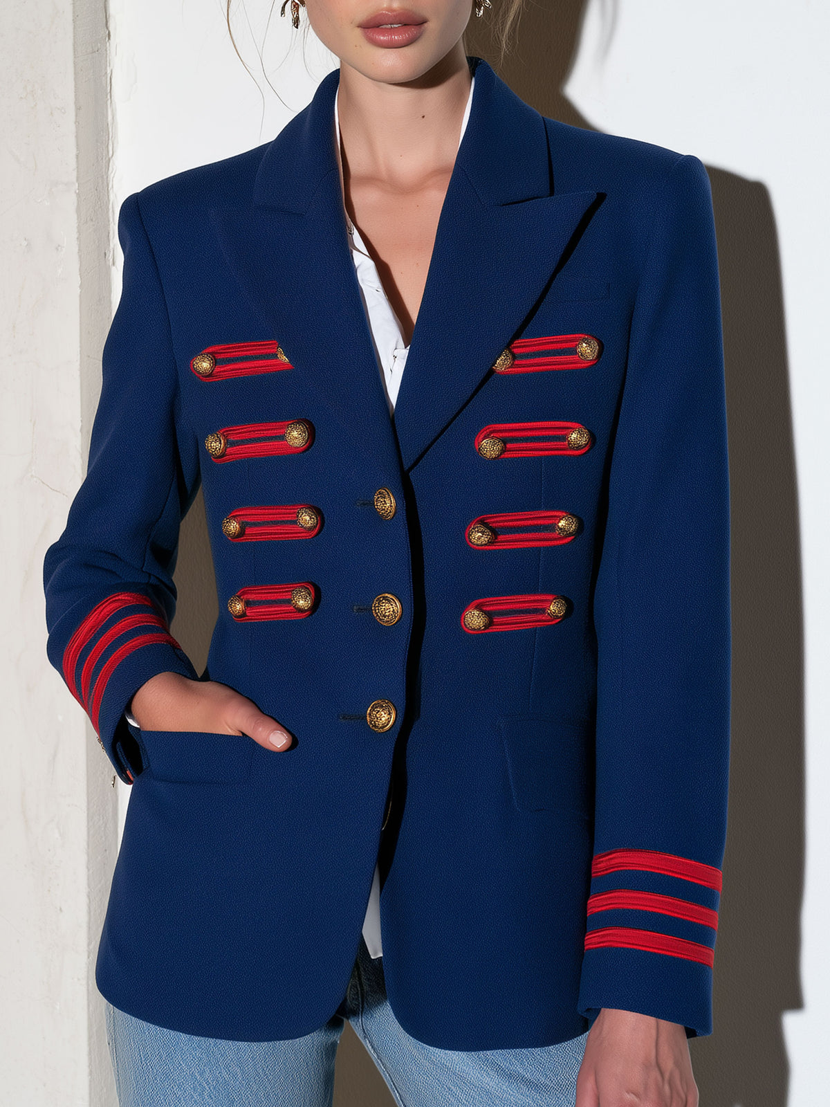 Military Officer Retro Red Striped Gold Button Royal Blue Blazer